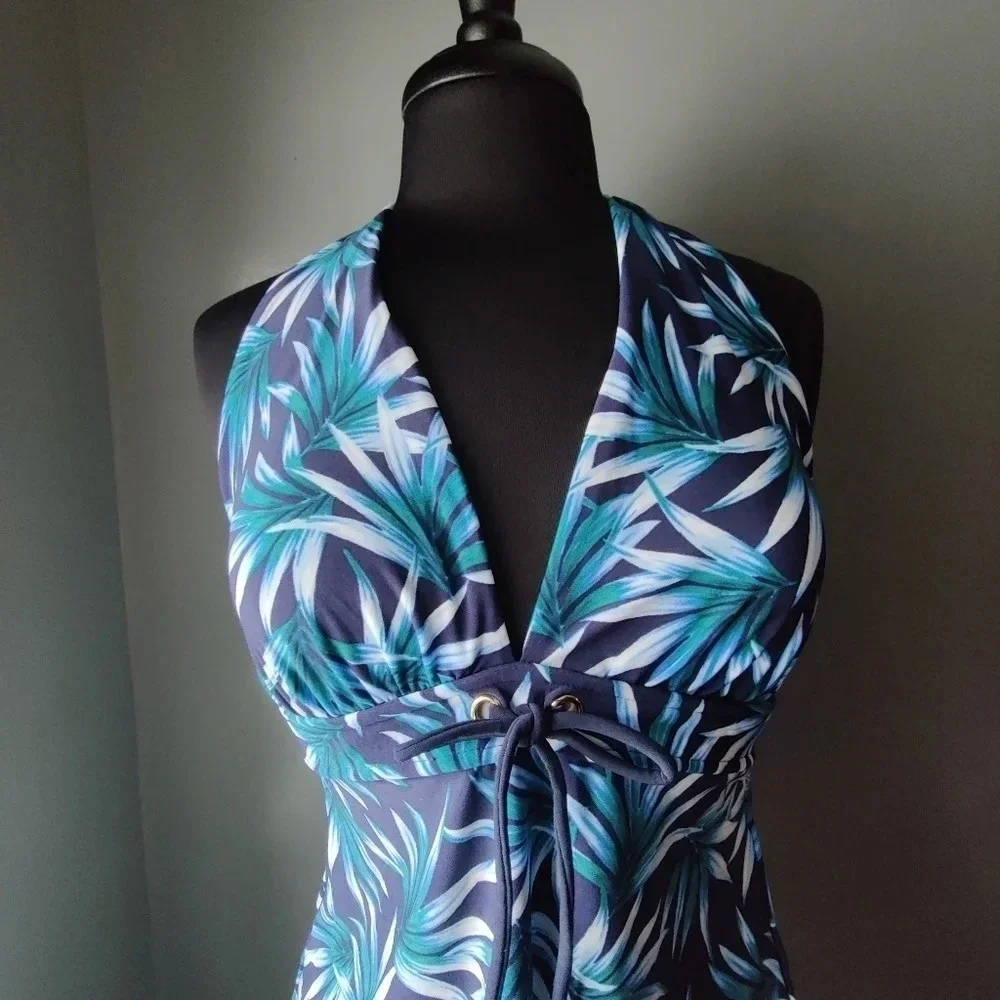 *NWOT* Coastal Blue Palm Leaf Halter Tankini